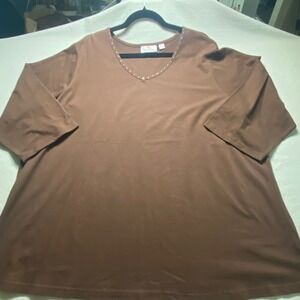 Quacker Factory Womens 2X Brown Rhinestone V-Neck 3/4 Sleeve Knit Top